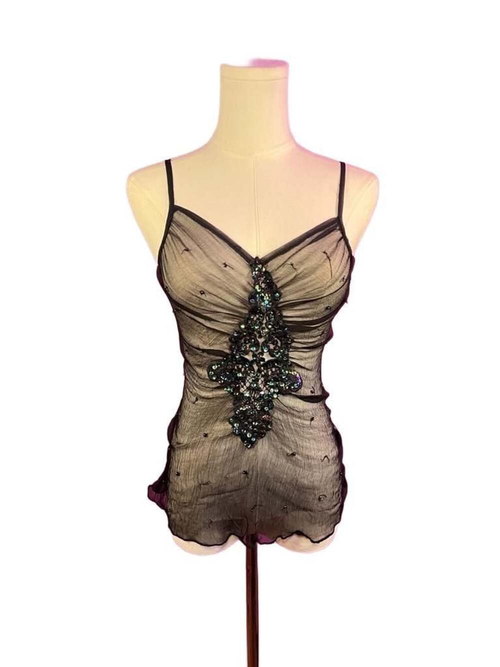 100% silk Scarlett Fairycore Whimsygoth Cami Top Size S Black Beaded Sequins